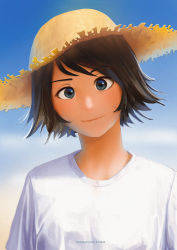 Rule 34 | 1girl, blue eyes, blue sky, brown hair, closed mouth, commentary, day, faiz azhar, hat, highres, looking at viewer, original, outdoors, riva isamu, shirt, short hair, sky, smile, solo, straw hat, upper body, white shirt
