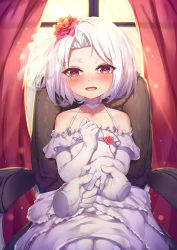 Rule 34 | 1girl, :d, absurdres, anchor, backlighting, bad id, bad pixiv id, bare shoulders, blush, choker, collarbone, commentary request, crying, crying with eyes open, curtains, disembodied hand, dress, elbow gloves, flower, forehead, gloves, hair flower, hair ornament, hand up, happy tears, highres, indoors, jewelry, looking at viewer, office lady, on chair, open mouth, pantyhose, parted bangs, putting on jewelry, ray (pixiv9514208), red eyes, red flower, red rose, ring, rose, see-through, short hair, sitting, sleeveless, sleeveless dress, smile, solo focus, sunset, tears, veil, vittorio veneto (warship girls r), warship girls r, wedding band, wedding dress, white choker, white dress, white gloves, white hair, white pantyhose, window