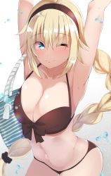 Rule 34 | 1girl, armpits, arms up, ashino, bag, bikini, black bikini, black hairband, blonde hair, blue eyes, blurry, blurry foreground, blush, braid, braided ponytail, breasts, cleavage, closed mouth, collarbone, commentary request, cowboy shot, eyes visible through hair, fate/grand order, fate (series), gradient background, hairband, highres, holding, holding bag, jeanne d&#039;arc (fate), jeanne d&#039;arc (ruler) (fate), large breasts, long braid, long hair, looking at viewer, navel, one eye closed, sidelocks, simple background, single braid, smile, solo, standing, stomach, swimsuit, very long hair, water drop, white background