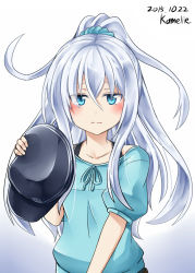 Rule 34 | 10s, 1girl, alternate costume, alternate hairstyle, artist name, blue eyes, blush, casual, commentary request, cosplay, dated, flat cap, ganaha hibiki, ganaha hibiki (cosplay), hair between eyes, hat, unworn hat, unworn headwear, hibiki (kancolle), high ponytail, highres, holding, holding clothes, holding hat, idolmaster, idolmaster (classic), kamelie, kantai collection, long hair, looking at viewer, messy hair, name connection, one-hour drawing challenge, ponytail, short sleeves, solo