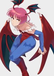 Rule 34 | 1girl, animal print, bare shoulders, bat print, bat wings, blue pantyhose, boots, bridal gauntlets, closed mouth, demon girl, diamond cutout, eyelashes, flat chest, head wings, highres, knee boots, leotard, lilith aensland, looking at viewer, low wings, oushiza towel, pantyhose, pink hair, print pantyhose, purple hair, red eyes, red leotard, shiny skin, short hair, solo, vampire (game), white background, wings