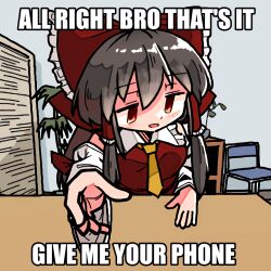 Rule 34 | 1girl, ascot, bow, brown hair, collared shirt, commentary, detached sleeves, english text, frilled shirt collar, frills, hair bow, hakurei reimu, image macro (meme), impact (font), indoors, jitome, kasuya baian, long hair, long sleeves, meme, open mouth, outstretched arm, pov, pov across table, reaching, reaching towards viewer, red bow, red eyes, red shirt, shirt, sidelocks, sleeveless, sleeveless shirt, smile, solo, table, touhou, white sleeves, wide sleeves, yellow ascot