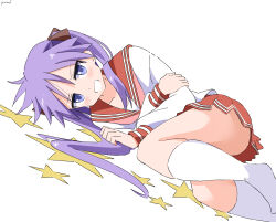 Rule 34 | 1girl, blue eyes, cynical (llcbluckg c004), grin, hair ribbon, highres, hiiragi kagami, long hair, long sleeves, looking at viewer, lucky star, lying, miniskirt, no shoes, on side, pleated skirt, purple hair, red sailor collar, red skirt, ribbon, ryouou school uniform, sailor collar, school uniform, serafuku, shirt, signature, simple background, skirt, smile, socks, solo, star (symbol), white background, white shirt, white socks