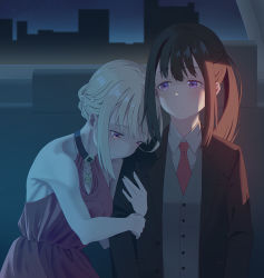 Rule 34 | 2girls, arm hug, bare shoulders, black collar, black jacket, blonde hair, closed mouth, collar, collared shirt, commentary request, dress, formal, inoue takina, jacket, jewelry, long hair, looking at another, lycoris recoil, multiple girls, necklace, nishikigi chisato, official alternate costume, ponytail, purple eyes, red dress, red eyes, shirt, short hair, suit, tonht