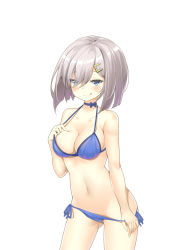 Rule 34 | 10s, 1girl, :p, bad id, bad pixiv id, bare shoulders, bikini, blue bikini, blue eyes, blue ribbon, blush, breasts, choker, cleavage, collarbone, eyes visible through hair, hair ornament, hair over one eye, hairclip, hamakaze (kancolle), highres, kantai collection, large breasts, looking at viewer, navel, ootsuki momiji, ribbon, short hair, side-tie bikini bottom, silver hair, simple background, smile, solo, standing, strap gap, swimsuit, tongue, tongue out, white background