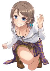Rule 34 | 10s, 1girl, anchor necklace, anchor symbol, blue eyes, bow, bra, braid, breasts, cleavage, clenched teeth, downblouse, full body, grey hair, hair bow, hair ornament, hairclip, highres, jewelry, kneeling, leaning forward, looking at viewer, love live!, love live! school idol festival, love live! sunshine!!, medium breasts, nanotsuki, necklace, shoes, short hair, shorts, simple background, solo, spaghetti strap, sweater, teeth, underwear, watanabe you, white background, white sweater