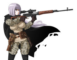 Rule 34 | 1girl, belt, breasts, cape, dragunov svd, enoshima iki, fatigues, female soldier, fingerless gloves, gloves, grey eyes, gun, handgun, holster, impossible clothes, impossible shirt, large breasts, long hair, mauser c96, military, military operator, military uniform, muzzle device, original, pantyhose, pantyhose under shorts, pistol, pouch, purple hair, rifle, scope, shirt, shorts, silver hair, simple background, sniper rifle, solo, strap, thumbhole stock, uniform, weapon
