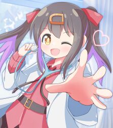 Rule 34 | 1girl, ;d, beenyan 1203, belt, black hair, bolo tie, brown eyes, coat, commentary, foreshortening, hair ribbon, heart, highres, lab coat, long hair, looking at viewer, multicolored hair, one eye closed, onii-chan wa oshimai!, open clothes, open coat, open mouth, outstretched arm, oyama mihari, purple hair, red ribbon, red shirt, ribbon, shirt, smile, solo, stethoscope, twintails, two-tone hair, wing collar
