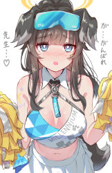 Rule 34 | 1girl, absurdres, animal ears, bare shoulders, black hair, blue archive, blue eyes, blush, breasts, brown hair, cheerleader, cleavage, clothes writing, crop top, dog ears, dog girl, dog tail, eyewear on head, goggles, goggles on head, heart, hibiki (blue archive), hibiki (cheer squad) (blue archive), highres, holding, holding pom poms, long hair, looking at viewer, medium breasts, midriff, millennium cheerleader outfit (blue archive), miniskirt, navel, official alternate costume, open mouth, pom pom (cheerleading), pom poms, simple background, skirt, solo, tail, take-run-atelier