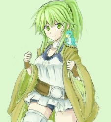 Rule 34 | 1girl, animal, animal on shoulder, bad id, bad pixiv id, belt, bird, bird on shoulder, breasts, camisole, clenched hands, collar, duel monster, fingerless gloves, gloves, green background, green eyes, green hair, gusto gulldo, hands up, highres, jewelry, kenn, long hair, medium breasts, necklace, open clothes, open robe, ponytail, robe, shorts, simple background, sketch, smile, undershirt, white camisole, wide sleeves, winda priestess of gusto, yu-gi-oh!