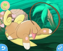 Rule 34 | 1boy, alolan form, alolan raichu, animal ears, animal hands, anus, ass, blue eyes, blush stickers, creatures (company), erection, feet, floating, from behind, game freak, gameplay mechanics, gen 7 pokemon, green background, half-closed eyes, heart, highres, looking back, looking to the side, lying, male focus, multicolored eyes, nintendo, nude, on stomach, outdoors, palm tree, penis, pokemon, pokemon (creature), pokemon sm, precum, solo, spread legs, tail, testicles, tree, uncensored, yellow eyes, yumei (masterx94)