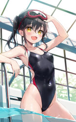 Rule 34 | 1girl, black hair, black one-piece swimsuit, breasts, covered navel, diving mask, diving mask on head, goggles, goggles on head, highleg, highleg swimsuit, highres, indoors, long hair, minamura haruki, one-piece swimsuit, original, partially underwater shot, pool ladder, small breasts, smile, solo, swimsuit, twintails, water, wet, wet clothes, wet swimsuit, yellow eyes