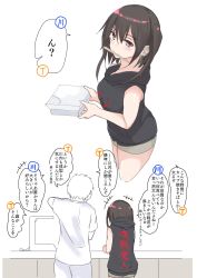 Rule 34 | 1boy, 1girl, alternate costume, black hair, black shirt, box, brown eyes, casual, chopsticks, commentary request, grey shorts, highres, hood, hooded shirt, hoodie, jagaimo gang, kantai collection, multiple views, sendai (kancolle), shirt, short hair, shorts, simple background, sleeveless, sleeveless shirt, translation request, two side up, white background