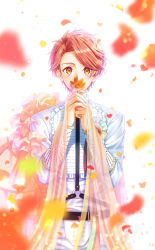 Rule 34 | 1boy, antenna hair, bishounen, blurry, covered mouth, covering own mouth, depth of field, falling petals, flower, flower in mouth, frills, highres, holding, holding flower, idolish7, izumi mitsuki, long sleeves, looking at viewer, male focus, orange eyes, orange hair, petals, saria-ryuuki, semi-transparent, short hair, solo, swept bangs