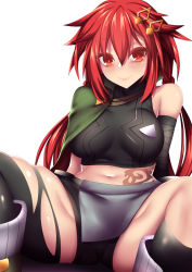 Rule 34 | 1girl, asymmetrical legwear, bare shoulders, bike shorts, black shorts, black thighhighs, boots, breasts, breasts apart, cape, crop top, fi-san, four goddesses online: cyber dimension neptune, hair ornament, hairclip, highres, large breasts, long hair, midriff, navel, neptune (series), orange eyes, red hair, shorts, simple background, sitting, smile, spread legs, stomach tattoo, tattoo, tennouboshi uzume, thighhighs, torn clothes, torn legwear, twintails, uneven legwear, white background