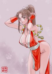 Rule 34 | 1girl, blush, breasts, brown eyes, brown hair, cleavage, dress, fatal fury, female focus, gloves, highres, kasumi jun, large breasts, leaning forward, long hair, matching hair/eyes, ninja, no bra, panties, parted bangs, parted lips, pelvic curtain, pink gloves, ponytail, red dress, red panties, revealing clothes, shiranui mai, sideboob, snk, solo, the king of fighters, underwear