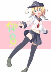 Rule 34 | 1girl, :d, aqua eyes, blonde hair, blue skirt, character name, cosplay, covered erect nipples, flat chest, glasses, gradient hair, hat, hibiki (kancolle), hibiki (kancolle) (cosplay), i-8 (kancolle), kantai collection, loafers, long sleeves, looking at viewer, low twintails, multicolored hair, nassukun, nipples, open mouth, red-framed eyewear, school uniform, see-through, semi-rimless eyewear, shoes, skirt, smile, solo, thighhighs, twintails, twitter username, under-rim eyewear, zettai ryouiki