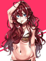 Rule 34 | 1girl, ahoge, arm up, bikini, blue eyes, breasts, choker, collarbone, commentary request, drop earrings, earrings, hand in own hair, highres, hip focus, ichinose shiki, idolmaster, idolmaster cinderella girls, jewelry, lace, lace choker, lips, long hair, looking at viewer, looking to the side, medium breasts, messy hair, navel, open mouth, paeonia1202, red background, red hair, smile, solo, striped, swimsuit, thumb in waistband, two-tone background, underboob, very long hair, wavy hair, white background