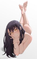 Rule 34 | 1girl, absurdres, ass, bare shoulders, barefoot, black hair, chainsaw man, completely nude, cross scar, feet, gradient background, head rest, highres, legs, long hair, looking at viewer, lying, mishislover, nude, on stomach, parted lips, playing with own hair, ringed eyes, scar, scar on face, signature, simple background, solo, the pose, yellow eyes, yoru (chainsaw man)