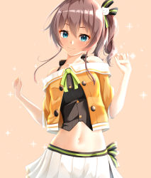Rule 34 | 1girl, :3, bare shoulders, black bow, black ribbon, blue eyes, bow, brown background, brown hair, buttons, camisole, cat hair ornament, closed mouth, collarbone, commentary, green ribbon, hair between eyes, hair ornament, hair ribbon, halterneck, hands up, head tilt, highres, hololive, jacket, looking at viewer, medium hair, midriff, natsuiro matsuri, natsuiro matsuri (1st costume), navel, off-shoulder jacket, off shoulder, orange jacket, pinstripe camisole, pinstripe pattern, pleated skirt, ribbon, shiny skin, side ponytail, sidelocks, simple background, skirt, smile, solo, sparkle, stomach, striped, virtual youtuber, white skirt, yakatora