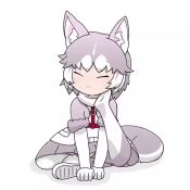 Rule 34 | 1girl, animal ear fluff, animal ears, animated, chibi, closed eyes, commentary, dog (mixed breed) (kemono friends), dog ears, dog tail, elbow gloves, gloves, grey hair, kemono friends, looping animation, multicolored hair, scratching, short hair, simple background, sitting, solo, tail, taro (tontaro), two-tone hair, video, white background, white gloves, white hair