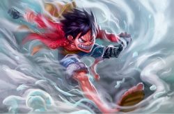 Rule 34 | 1boy, angry, battle, black hair, clenched hand, denim, denim shorts, fighting stance, frown, hat, male focus, monkey d. luffy, one piece, open clothes, open shirt, perspective, red shirt, richy truong, running, sandals, scar, serious, shirt, short hair, shorts, solo, steam, straw hat, watermark, web address