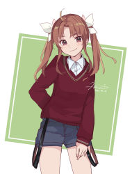 Rule 34 | 1girl, alternate costume, blue shorts, brown hair, buttons, closed mouth, collared shirt, cowboy shot, dated, hair ribbon, highres, hiroi09, kagerou (kancolle), kagerou kai ni (kancolle), kantai collection, long hair, long sleeves, purple eyes, ribbon, shirt, shorts, signature, smile, solo, twintails, white ribbon, white shirt