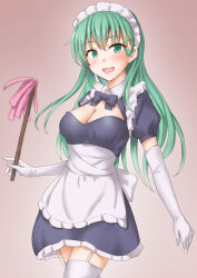 Rule 34 | 1girl, alternate costume, anti (untea9), apron, black dress, blush, breasts, cleavage, cowboy shot, dress, duster, elbow gloves, enmaided, garter straps, gloves, green eyes, green hair, hair between eyes, highres, holding, holding duster, kantai collection, large breasts, long hair, maid, maid apron, maid headdress, open mouth, puffy short sleeves, puffy sleeves, short sleeves, smile, solo, suzuya (kancolle), thighhighs, white apron, white gloves, white thighhighs