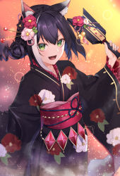 Rule 34 | 1girl, :d, animal ear fluff, animal ears, bad id, bad pixiv id, bell, black hair, black kimono, blush, braid, cat ears, cat girl, commentary request, cowboy shot, crown braid, fang, floral print, flower, frilled sleeves, frills, gradient background, green eyes, hagoita, hair bun, hair flower, hair ornament, hair stick, highres, ironatsuki, japanese clothes, jingle bell, karyl (new year) (princess connect!), karyl (princess connect!), kimono, long sleeves, looking at viewer, multicolored hair, open mouth, paddle, pink flower, princess connect!, red flower, short hair, side bun, single hair bun, single side bun, smile, solo, streaked hair, two-tone hair, v-shaped eyebrows, white hair, wide sleeves