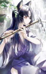 Rule 34 | 1girl, animal ears, arknights, black hair, black kimono, blowing, dog ears, flute, gawako, gloves, unworn gloves, highres, holding, holding instrument, instrument, japanese clothes, kimono, long hair, music, parted bangs, playing instrument, saga (arknights), solo, yellow eyes