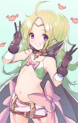 Rule 34 | 1girl, ahoge, black cape, black gloves, bow, cape, circlet, crab, double v, fire emblem, fire emblem awakening, flat chest, gloves, green hair, grin, long hair, navel, nintendo, nowi (fire emblem), pink bow, pointy ears, ponytail, purple eyes, smile, solo, stomach, topia, v