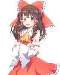 Rule 34 | 1girl, :d, ascot, bare shoulders, between fingers, blush, bow, brown eyes, brown hair, collared shirt, commentary request, detached sleeves, frilled bow, frilled shirt collar, frilled skirt, frills, hair bow, hair tubes, hakurei reimu, highres, holding, kaoling, long hair, long sleeves, looking at viewer, ofuda, open mouth, red bow, red shirt, red skirt, ribbon-trimmed sleeves, ribbon trim, shirt, sidelocks, simple background, skirt, sleeveless, sleeveless shirt, smile, solo, touhou, white background, white sleeves, wide sleeves, yellow ascot