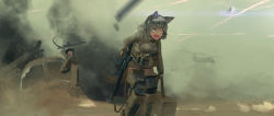 Rule 34 | 1girl, action, aircraft, bad id, bad pixiv id, bag, blood, blood on face, blurry, blurry background, blurry foreground, boeing, boeing defense, space &amp; security, brown eyes, brown jacket, carrying, ch-47 chinook, commentary request, cuts, dark skin, day, depth of field, dust cloud, explosion, explosive, fire, frown, furukawa herzer, grenade, grey hair, gun, helicopter, highres, injury, jacket, long sleeves, looking to the side, machine gun, military, motion blur, open mouth, original, partial commentary, projectile trail, satchel, short hair, smoke, solo focus, sparks, standing, standing on one leg, striker unit, tactical clothes, tracer ammunition, projectile trail, walking, weapon, weapon request, world witches series