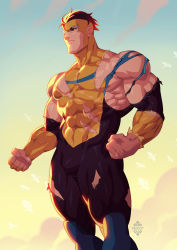 Rule 34 | 1boy, alternate pectoral size, bara, black bodysuit, black hair, bodysuit, bulge, covered abs, covered navel, feet out of frame, highres, invincible (character), invincible (series), large pectorals, looking to the side, male focus, muscular, muscular male, nipple slip, nipples, pectorals, short hair, sidepec, single bare shoulder, solo, sunset, thick thighs, thighs, torn bodysuit, torn clothes, xelgot, yellow bodysuit