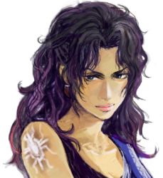Rule 34 | 10s, arm tattoo, black hair, blouse, breasts, cleavage, final fantasy, final fantasy xiii, hair intakes, lowres, oerba yun fang, parted bangs, portrait, riemon, shirt, simple background, sleeveless, sleeveless shirt, solo, tattoo, white background
