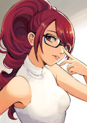 Rule 34 | 1girl, adjusting eyewear, bare shoulders, commentary, drill hair, drill ponytail, english commentary, glasses, highres, kirijou mitsuru, kuki tan, looking at viewer, parted lips, persona, persona 3, ponytail, rectangular eyewear, red eyes, red hair, smile, solo, teeth, upper body