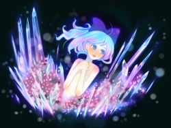 Rule 34 | 1girl, ahoge, bad id, bad pixiv id, blue eyes, blue hair, cherry blossoms, cirno, crystal, female focus, flat chest, ice, mame usagi, matching hair/eyes, multicolored hair, open mouth, own hands together, petals, pink hair, ribbon, solo, topless, touhou