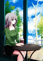 Rule 34 | 1girl, black skirt, blue eyes, blue sky, casual, chair, cloud, cloudy sky, coffee cup, commentary request, cup, day, disposable cup, girls und panzer, green shirt, highres, holding, holding cup, indoors, itsumi erika, long hair, long sleeves, looking to the side, miniskirt, parted lips, pleated skirt, revision, shirt, silver hair, sitting, skirt, sky, solo, table, tablecloth, tree, umxzo, window
