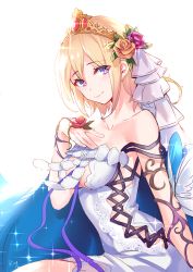 Rule 34 | 1girl, aki663, arm at side, bare shoulders, blonde hair, blue eyes, blush, breasts, cleavage, collarbone, dress, europa (granblue fantasy), flower, granblue fantasy, hair between eyes, hair flower, hair ornament, hand on own chest, looking at viewer, medium breasts, off shoulder, pink lips, short hair, sitting, smile, solo, tiara, veil, white dress