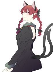 Rule 34 | 1girl, animal ears, back, black dress, bow, braid, cat ears, cat tail, colorized, dress, hair bow, hair ornament, highres, image sample, juliet sleeves, kaenbyou rin, long hair, long sleeves, looking at viewer, looking back, md5 mismatch, multiple tails, nekomata, nicutoka, pointy ears, puffy sleeves, red eyes, red hair, resized, sketch, smile, solo, tail, touhou, transparent background, twin braids