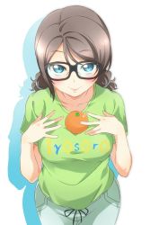 Rule 34 | 10s, 1girl, alternate hairstyle, bespectacled, blue eyes, blush, brown hair, catchphrase, clothes writing, food, fruit, glasses, green shirt, highres, looking at viewer, love live!, love live! school idol festival, love live! sunshine!!, mandarin orange, object on breast, shirt, smile, solo, surfing orange, t-shirt, twintails, watanabe you