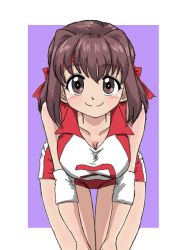 Rule 34 | 1girl, border, breasts, brown eyes, brown hair, cleavage, closed mouth, commentary request, cowboy shot, elbow pads, girls und panzer, headband, knee pads, kondou taeko, large breasts, leaning forward, looking at viewer, medium hair, outside border, partial commentary, purple background, red headband, red shirt, red shorts, shirt, short shorts, shorts, single vertical stripe, sleeveless, sleeveless shirt, smile, solo, sportswear, standing, takahashi kurage, volleyball uniform, white border