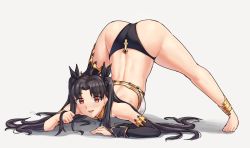 Rule 34 | 1girl, anklet, arm support, ass, bikini, black hair, blush, breasts, bridal gauntlets, commentary, curvy, english commentary, fate/grand order, fate (series), flexible, full body, grey background, huge ass, ishtar (fate), jack-o&#039; challenge, jewelry, long hair, looking at viewer, meme, mismatched bikini, neck ring, open mouth, red eyes, sarhce, shadow, shiny skin, simple background, single bridal gauntlet, single thighhigh, smile, solo, spread legs, stretching, swimsuit, thighhighs, thong, top-down bottom-up, twintails, two side up, white background, wide spread legs