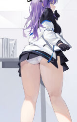 Rule 34 | 1girl, absurdres, ass, ass focus, bare legs, black gloves, black skirt, blazer, blue archive, breasts, clipboard, feet out of frame, gloves, highres, holding, holding clipboard, indoors, jacket, jacket partially removed, kneepits, looking ahead, medium breasts, midfinger, miniskirt, panties, pantyshot, purple eyes, skirt, solo, underwear, white jacket, white panties, yuuka (blue archive)