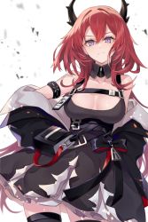 Rule 34 | &gt;:), 1girl, arknights, bare shoulders, black dress, black jacket, black thighhighs, breasts, cleavage, closed mouth, collarbone, contrapposto, cowboy shot, detached collar, dress, hand on own hip, horns, jacket, large breasts, long hair, long sleeves, looking at viewer, mashita (kuzsat), open clothes, open jacket, purple eyes, red hair, simple background, smile, solo, surtr (arknights), thighhighs, underbust, v-shaped eyebrows, very long hair, white background, zettai ryouiki