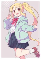 Rule 34 | 1girl, ahoge, blonde hair, blue skirt, bocchi the rock!, bow, brown eyes, collared shirt, e20, foot out of frame, highres, hood, hooded jacket, ijichi nijika, jacket, leg up, long hair, looking at viewer, open clothes, open jacket, open mouth, outside border, pleated skirt, red bow, school uniform, shirt, shoes, side ponytail, sidelocks, skirt, smile, sneakers, socks, solo, two-tone background, white shirt