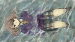 Rule 34 | 1girl, bad id, bad pixiv id, bob cut, brown eyes, brown hair, dress shirt, expressionless, from above, lying, mikan jiru, necktie, ocean, on back, original, plaid, plaid skirt, shirt, short hair, skirt, solo, sweater, water, wet, wet clothes