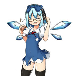 Rule 34 | 1girl, bad id, bad pixiv id, bespectacled, black thighhighs, bow, cirno, dress, closed eyes, glasses, hair bow, headphones, kinakomoti, listening to music, lowres, musical note, open mouth, panties, pantyshot, solo, standing, thighhighs, touhou, underwear, white panties, wings, zettai ryouiki