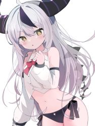 Rule 34 | 1girl, ahoge, black panties, brown eyes, demon horns, detached sleeves, grey hair, hand to own mouth, highres, hololive, horns, la+ darknesss, long hair, looking at viewer, multicolored hair, navel, no pants, nocchi (r ws2l), panties, shirt, side-tie panties, simple background, solo, streaked hair, thighs, underwear, virtual youtuber, white background, white shirt, white sleeves