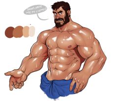 Rule 34 | 1boy, abs, bad tag, bara, beard, brown hair, bulge, cheschirebacon, cropped legs, facial hair, full beard, hair tattoo, large pectorals, male focus, mature male, muscular, muscular male, navel, navel hair, nipples, original, outstretched hand, pectorals, short hair, sideburns, solo, speech bubble, speed lines, standing, stomach, sweat, thick arms, thick beard, thick thighs, thighs, topless male, very sweaty